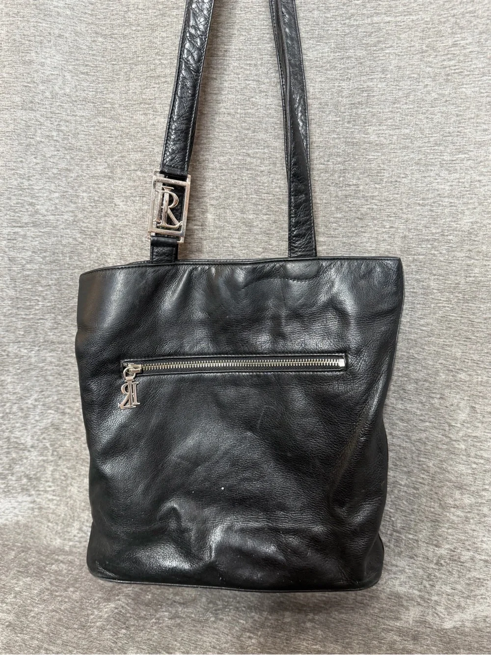 Ralph Lauren Black Leather Shoulder Tote with Silver RL Hardware